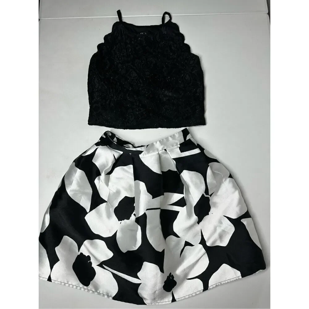 BCX Masy’s Girls 2-Pc Scalloped Top & Floral-Print Skirt Set Sz 14 Black White